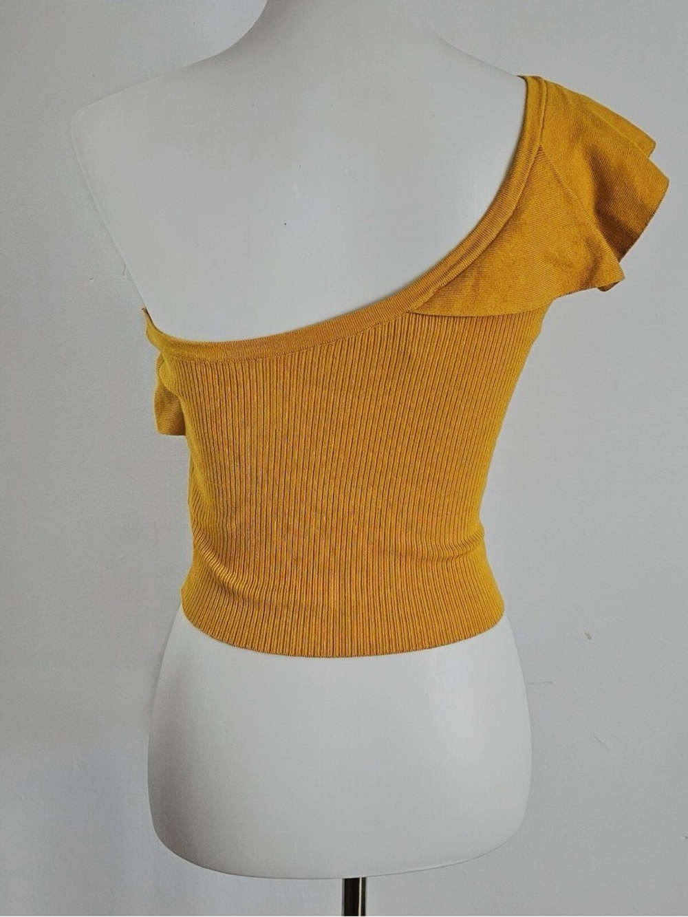 Express One-Shoulder Ruffle Knit Top - Mustard Yellow - Picture 2 of 6